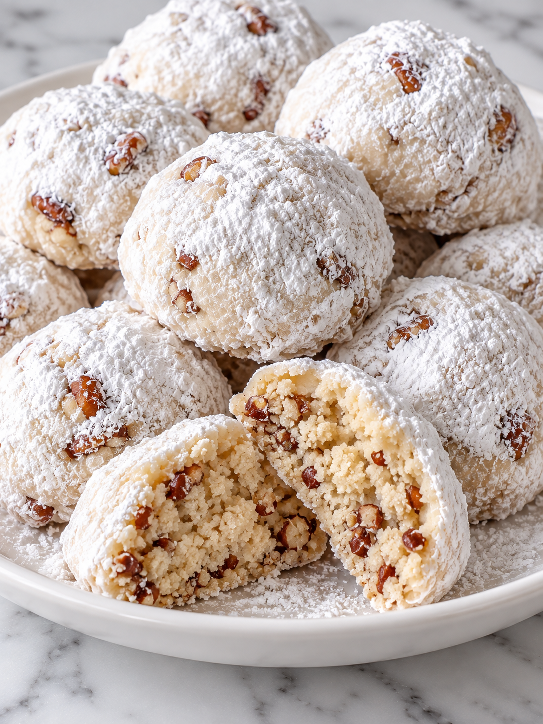 Stacked buttery pecan snowball cookies with powdered sugar and a broken cookie