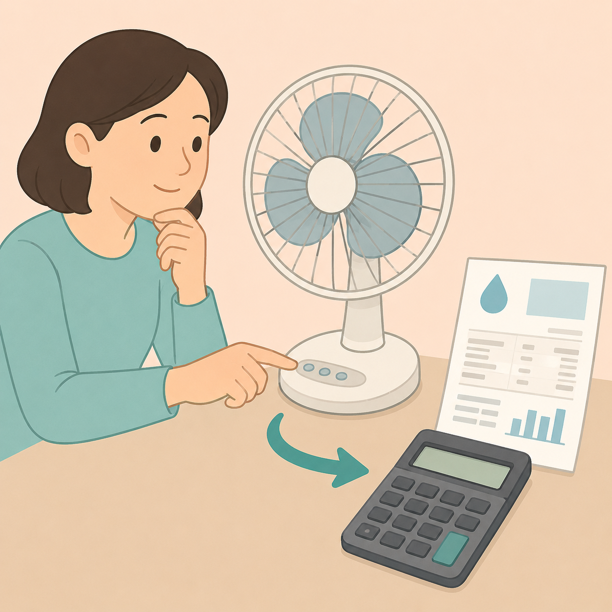 Illustration of a person calculating the energy cost of running a household fan.