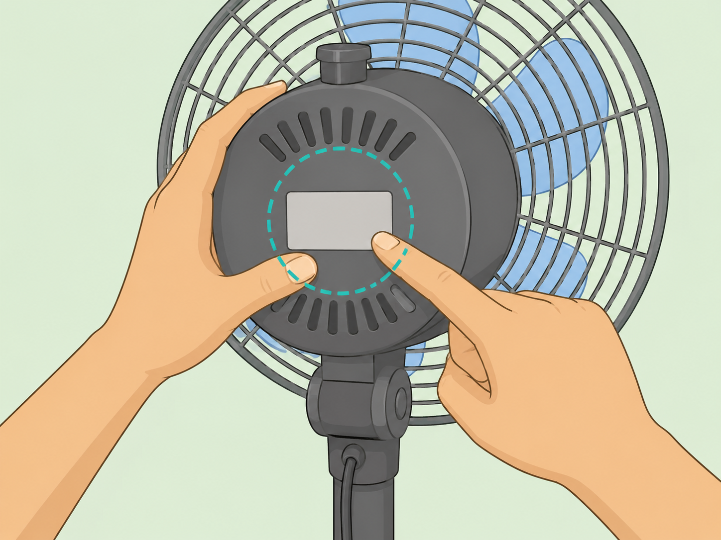 Hands checking the wattage label on a household fan.