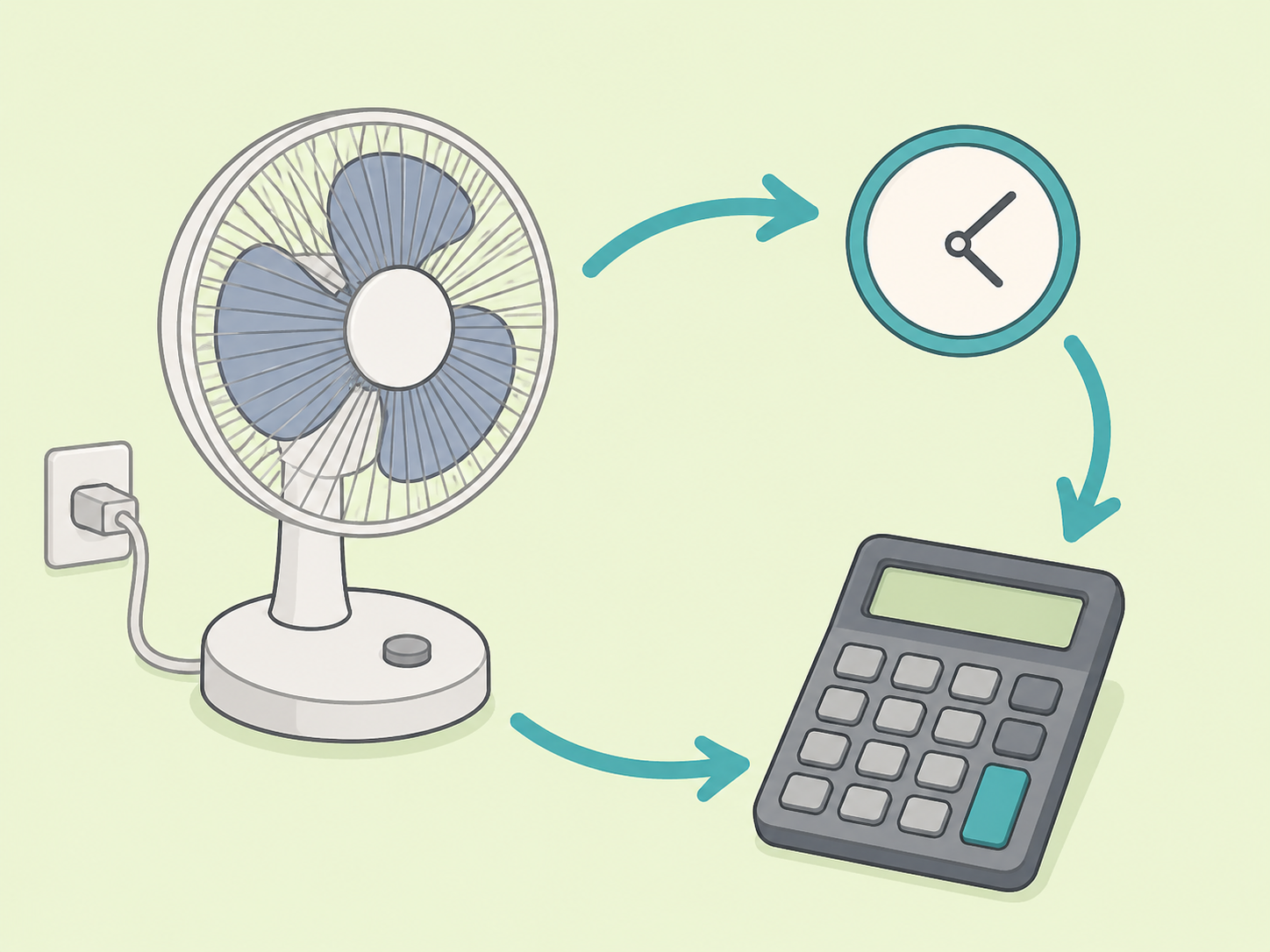 A calculator, fan, and clock showing how to convert fan use into energy use.