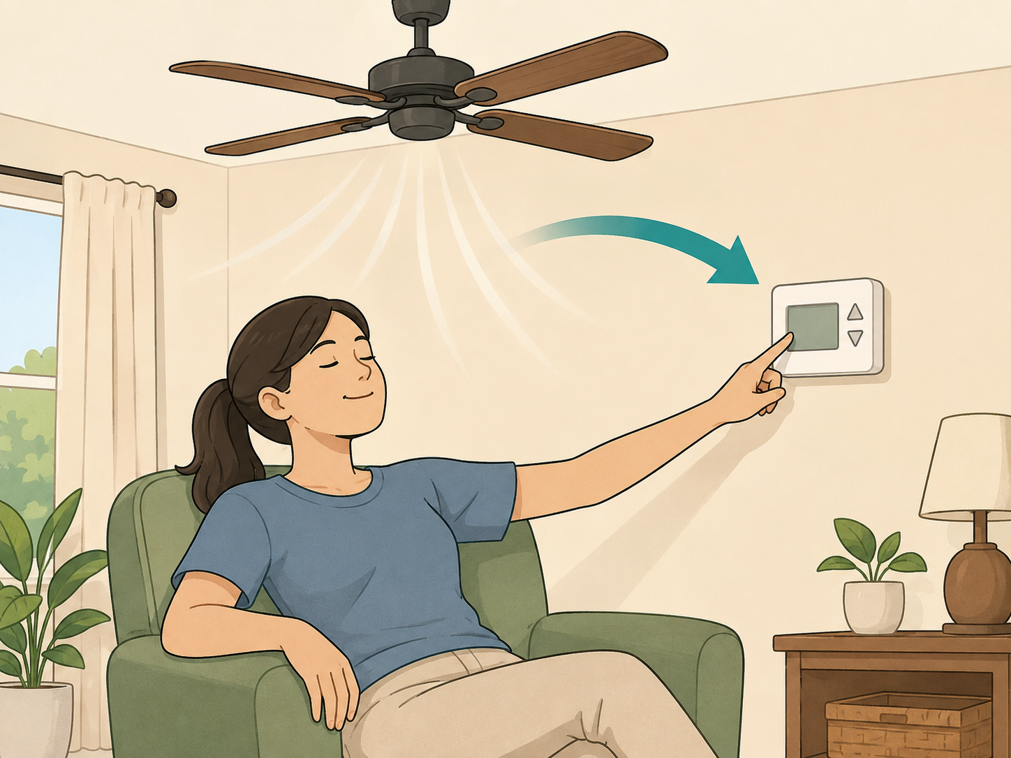 A person using a ceiling fan while adjusting the thermostat.