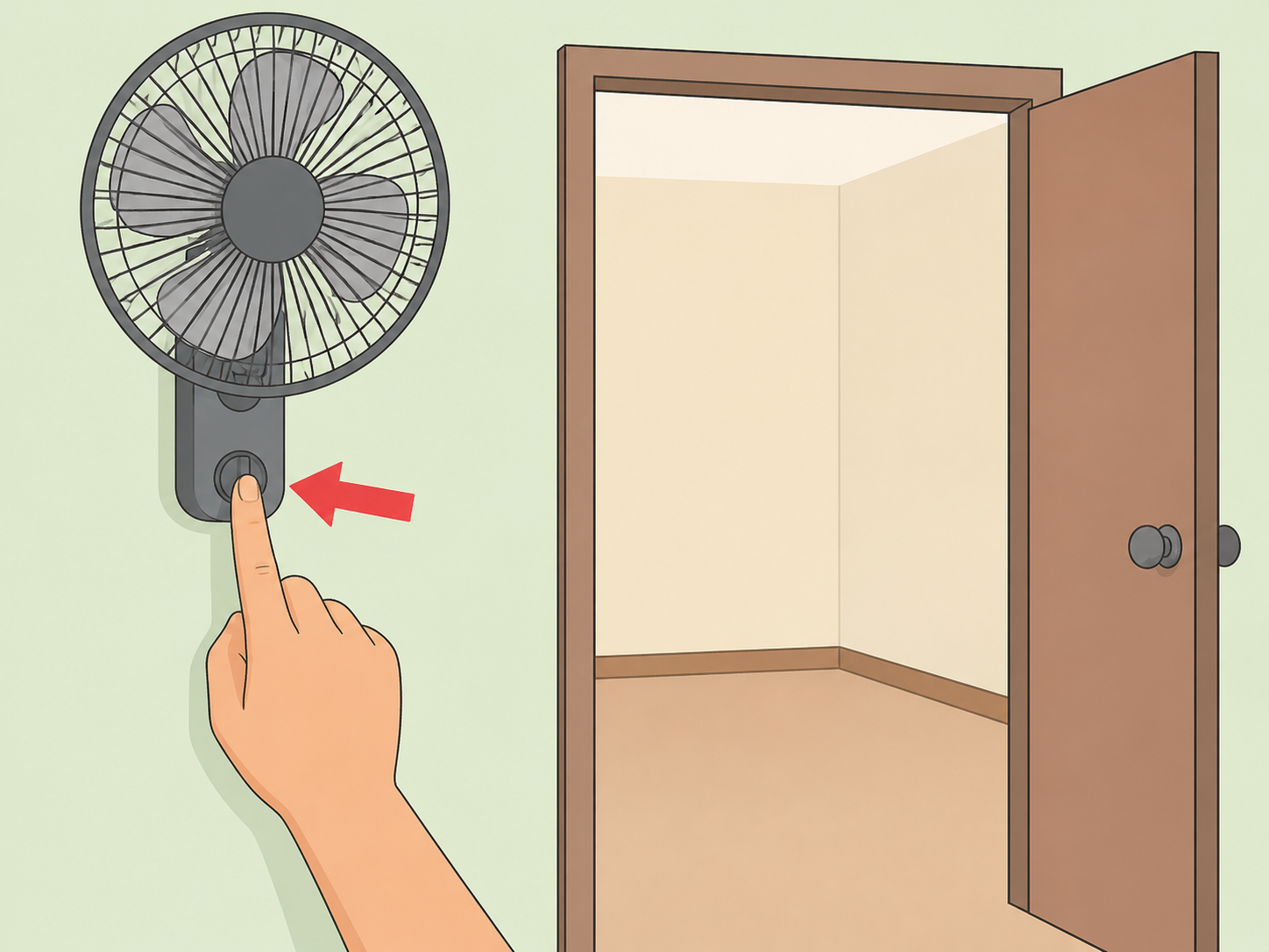 A hand turning off a fan when leaving an empty room.