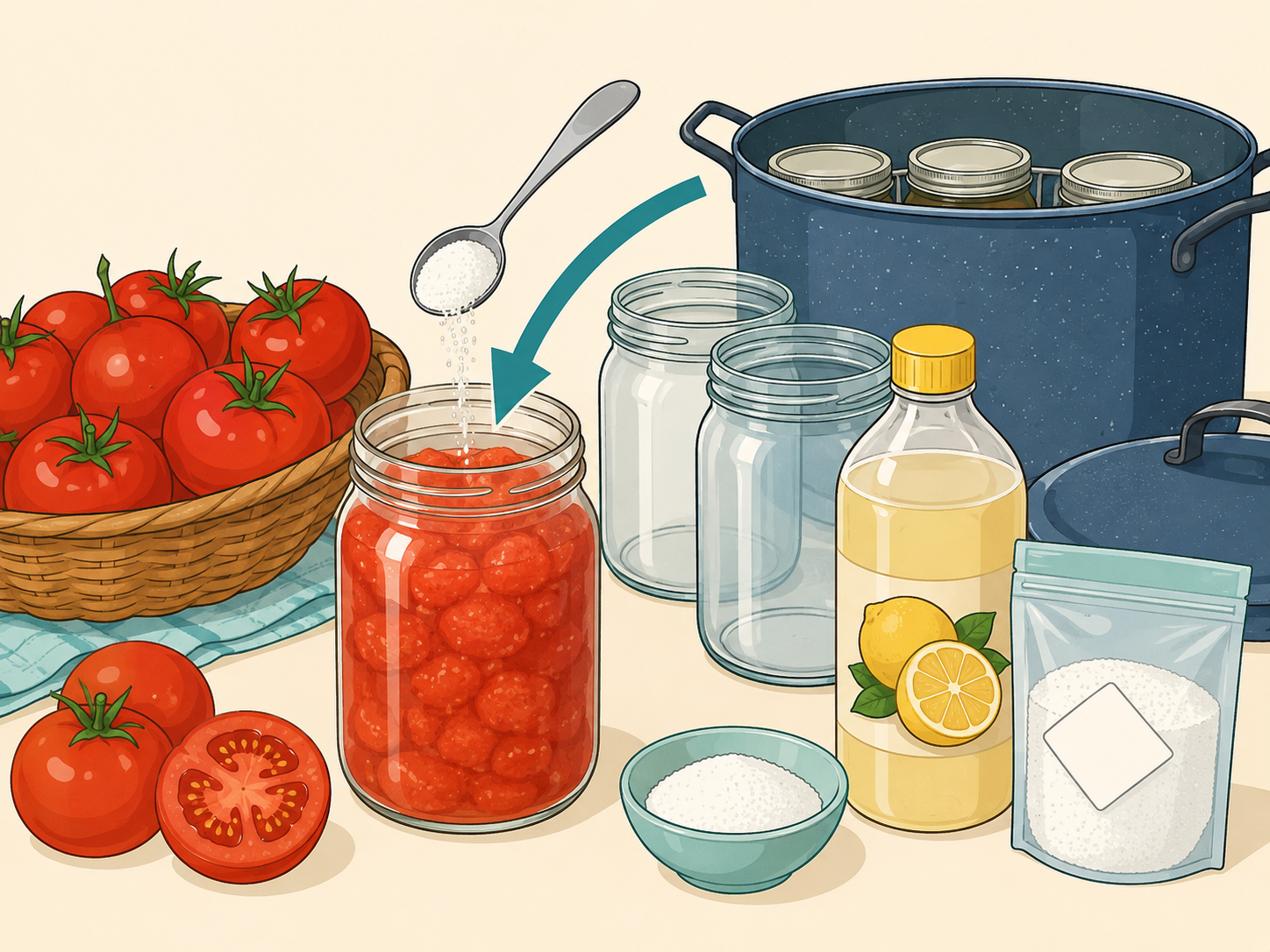 Illustration of tomatoes, jars, acid, and canning equipment for preserving tomatoes safely.