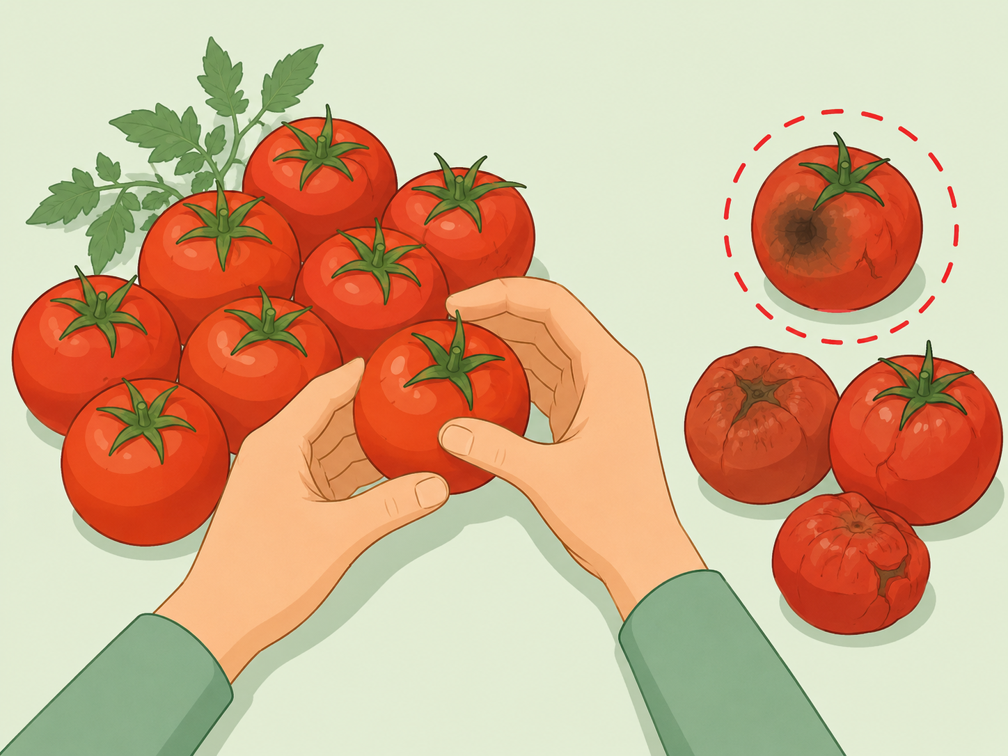 Hands choosing firm tomatoes and setting damaged tomatoes aside.