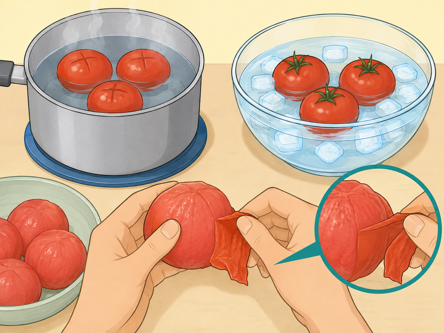 Hands peeling blanched tomatoes before canning.