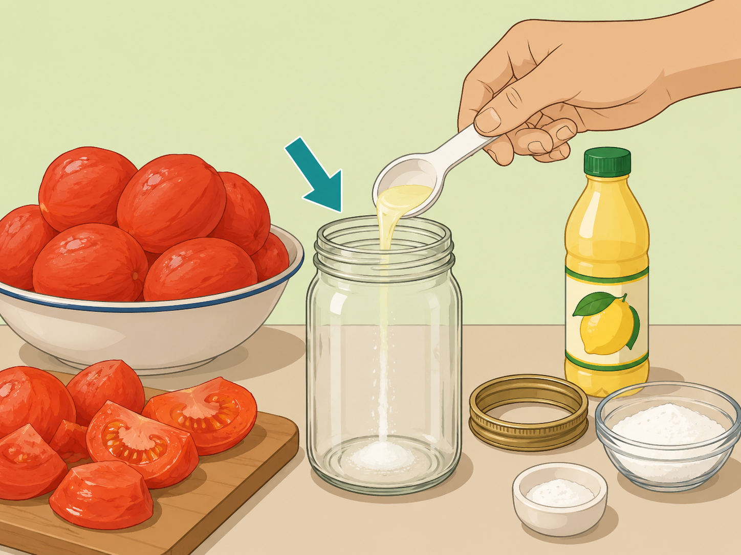 Hand adding acid to a canning jar before filling it with tomatoes.