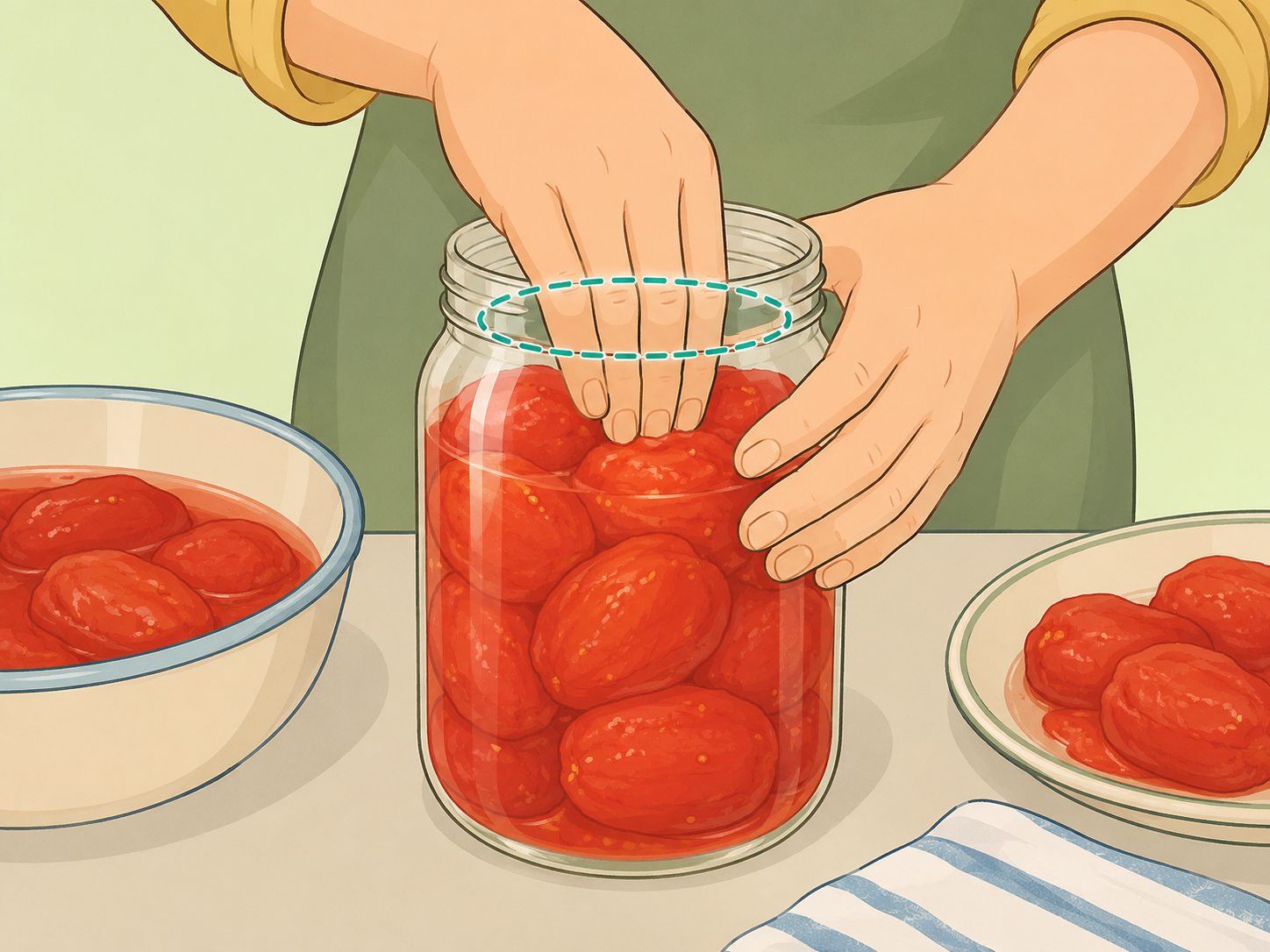 Hands packing tomatoes into a jar in their own juice with headspace.