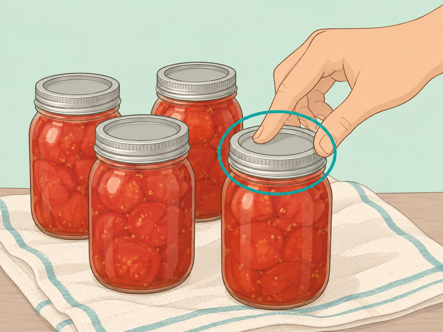 Hand checking the seal on cooled jars of canned tomatoes.