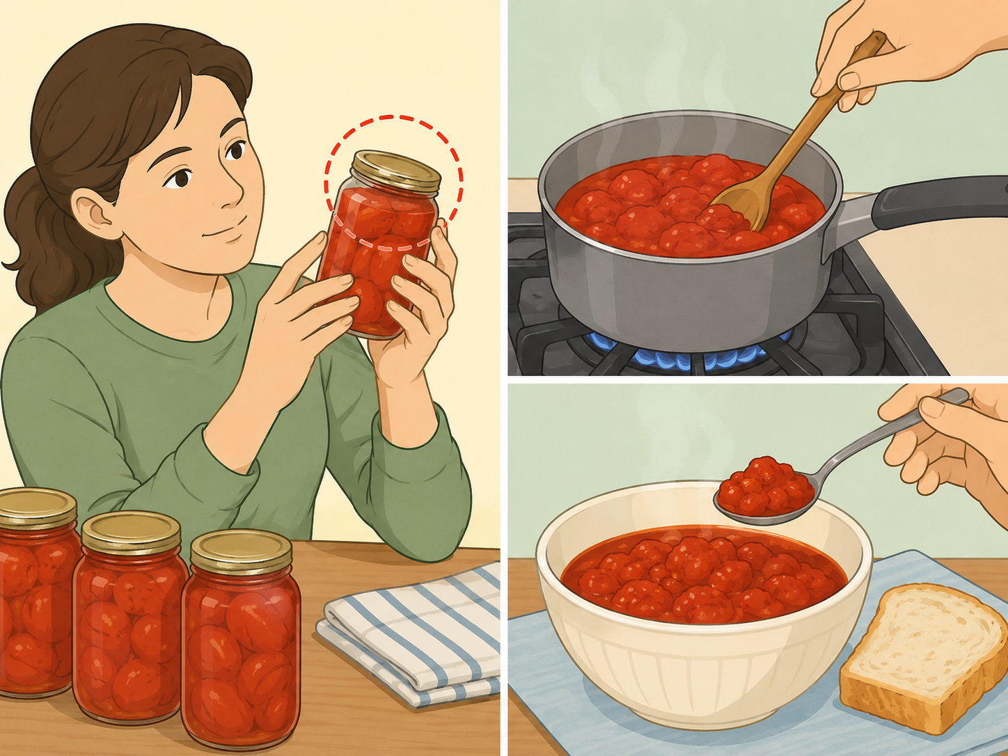 Person inspecting canned tomatoes and boiling them before eating.