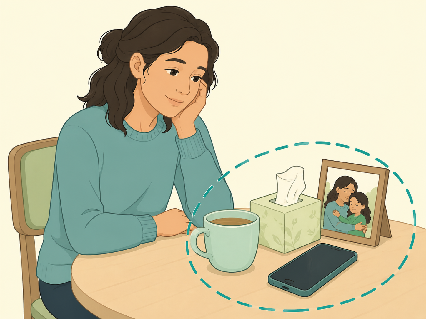 A person sitting quietly with support items after a sudden loss.