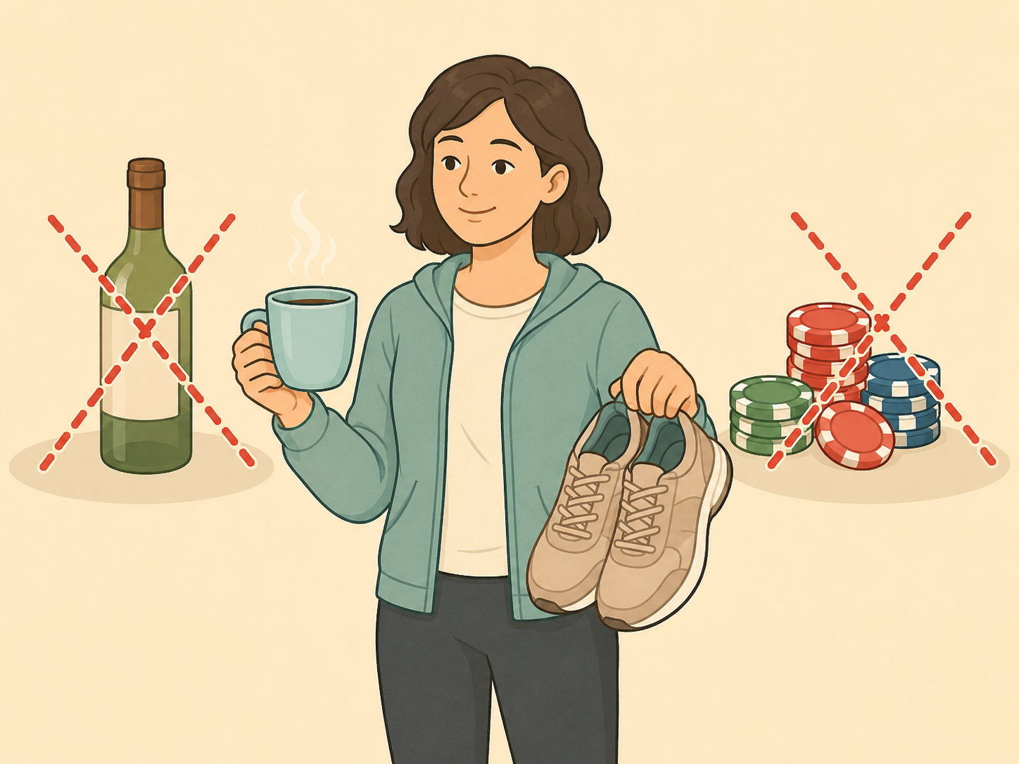 A person choosing healthy comfort instead of risky coping habits.