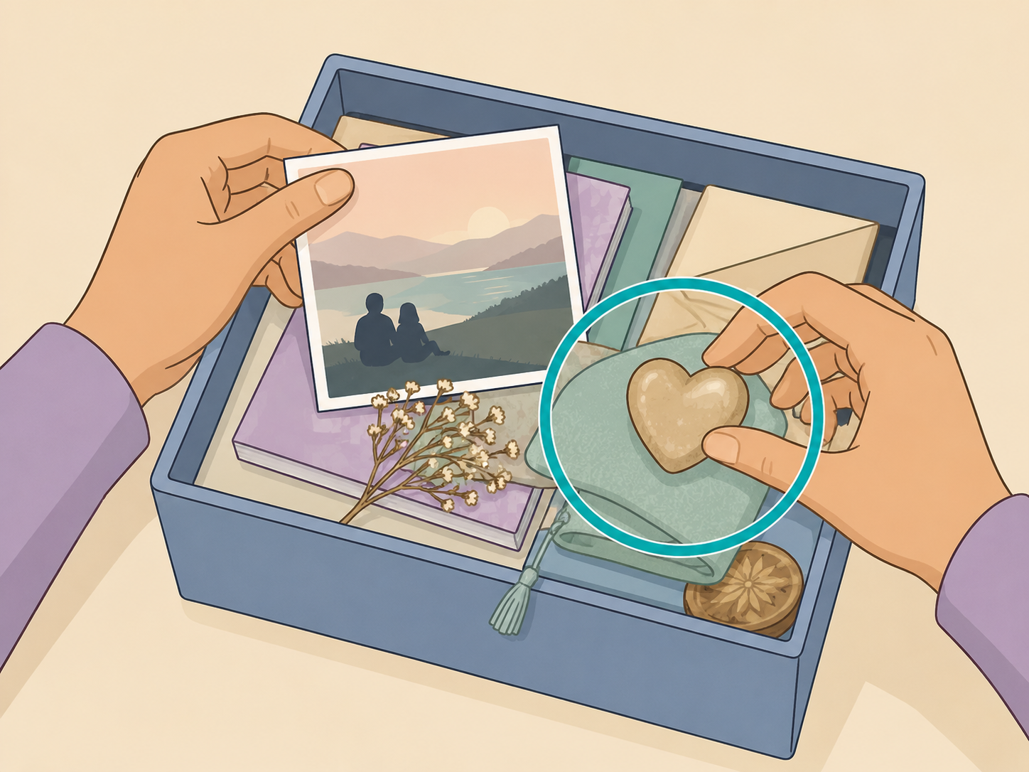 Hands creating a small memory box to honor someone who died.