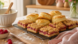 Honey oat muffins and raspberry crumb bars cooling in a warm kitchen