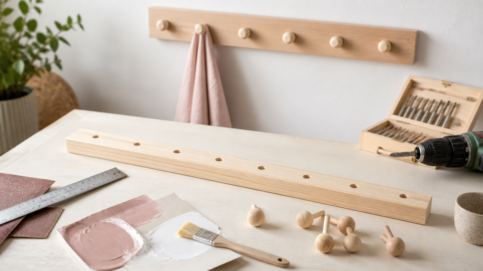 Beginner wooden peg rail project with blush paint and tools