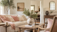 Warm cream living room with blush textiles and natural wood