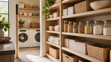 Organized pantry and utility space with baskets and blush boxes