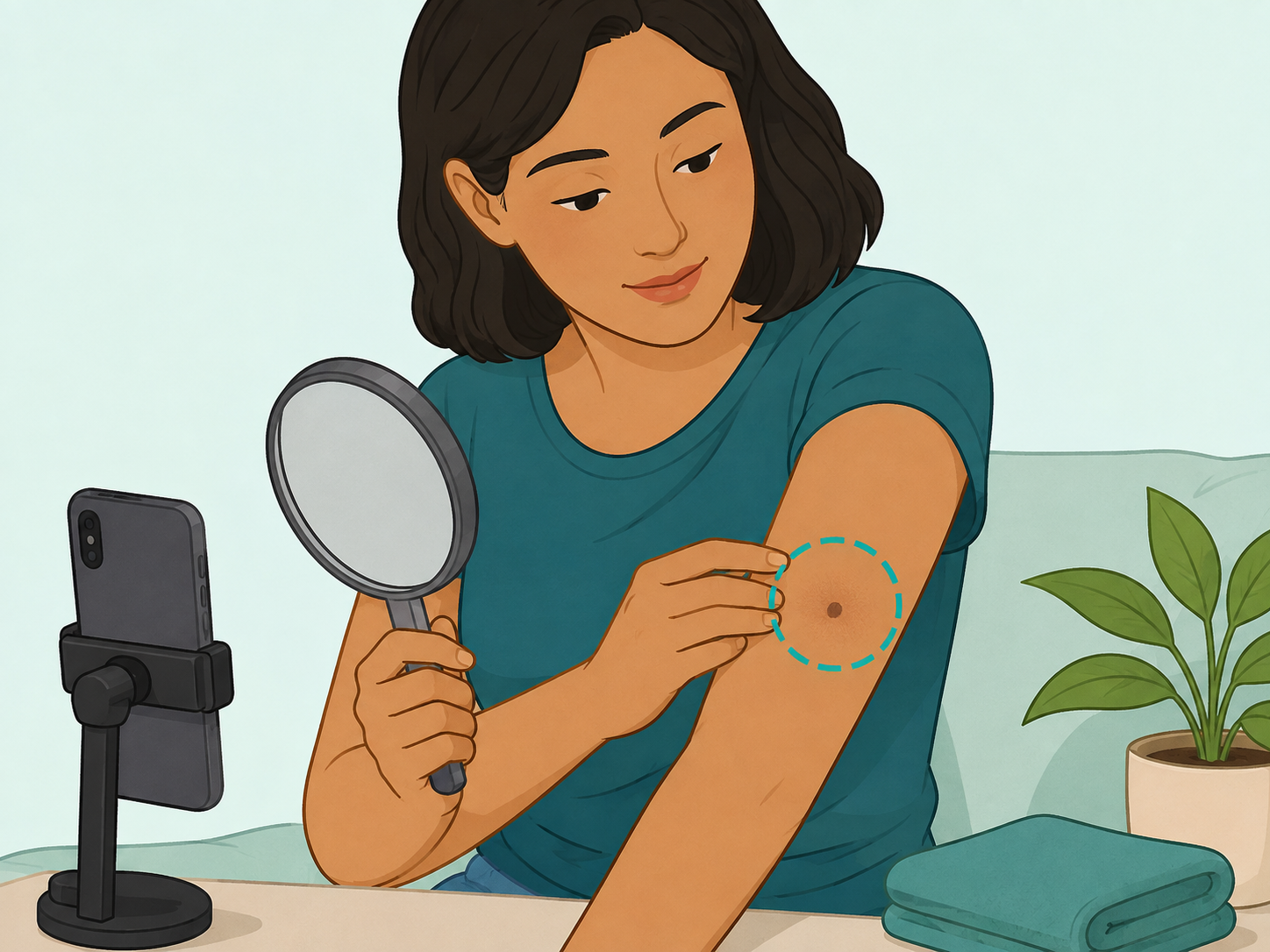 Person checking an unusual skin spot with a mirror and phone camera.