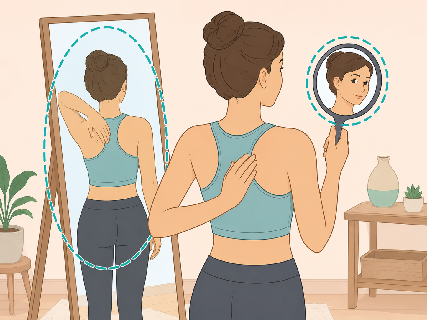 Using mirrors to check hard-to-see areas of skin.