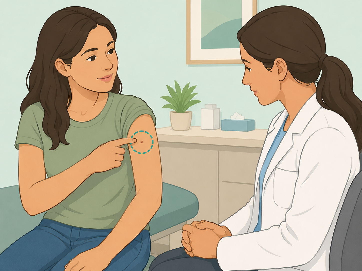 Showing a concerning skin spot to a doctor.