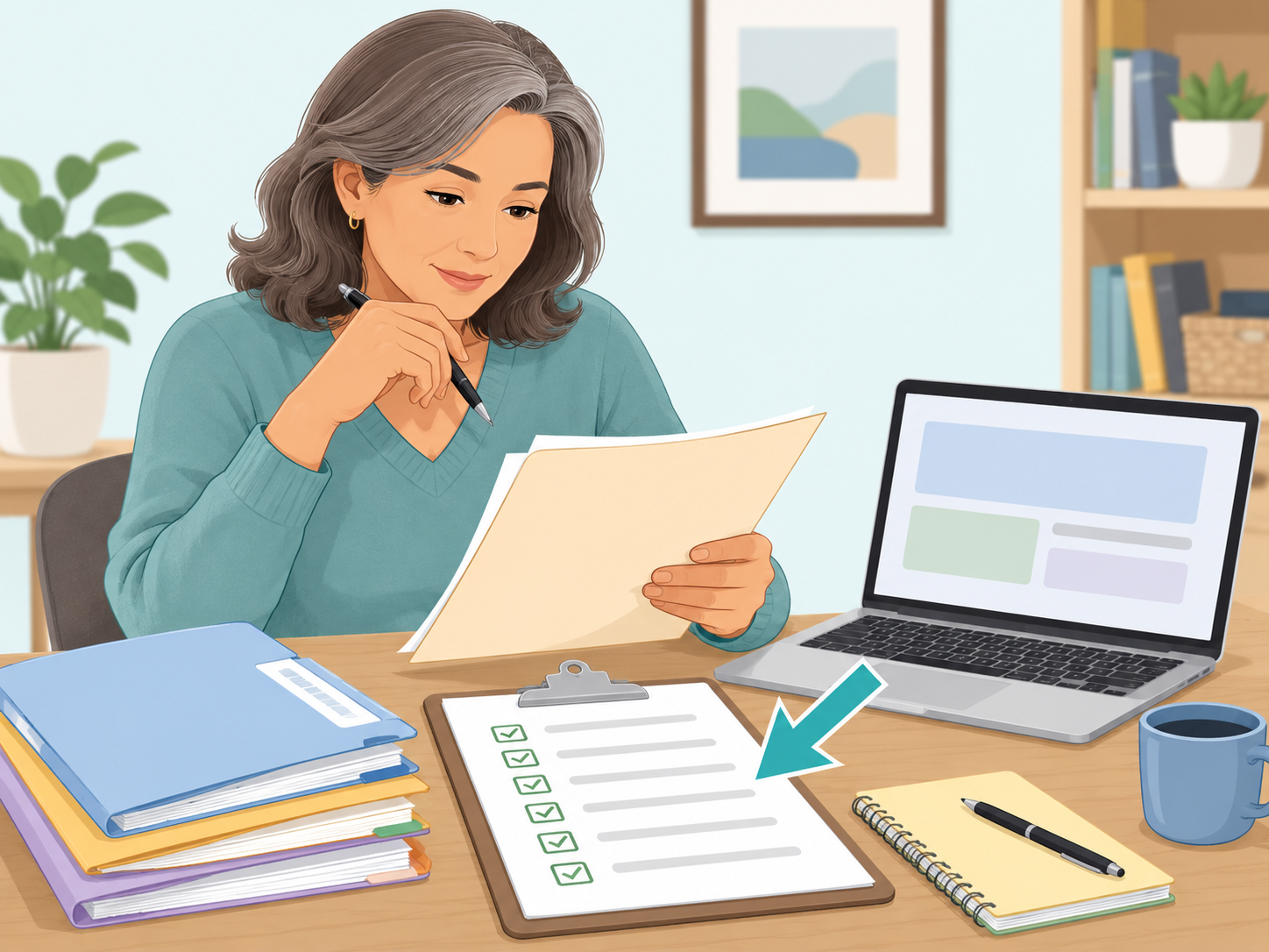 Illustration of a person reviewing medical records and a benefits checklist.