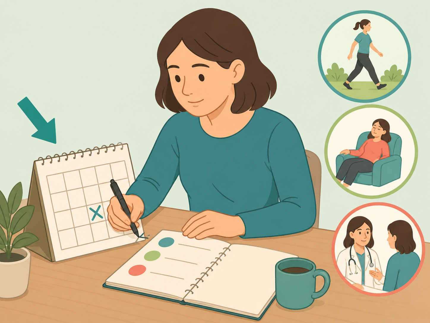 Person tracking a long-term illness and daily limits on a calendar.