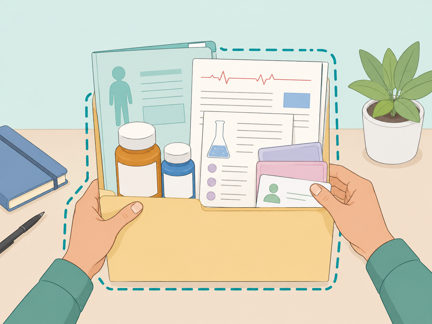 Hands organizing medical records and treatment information in a folder.