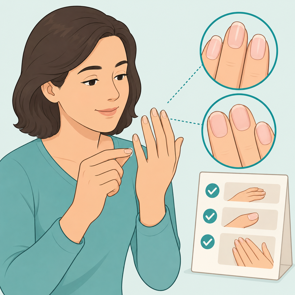 Illustration of a person calmly checking their fingernails for changes in shape and color.