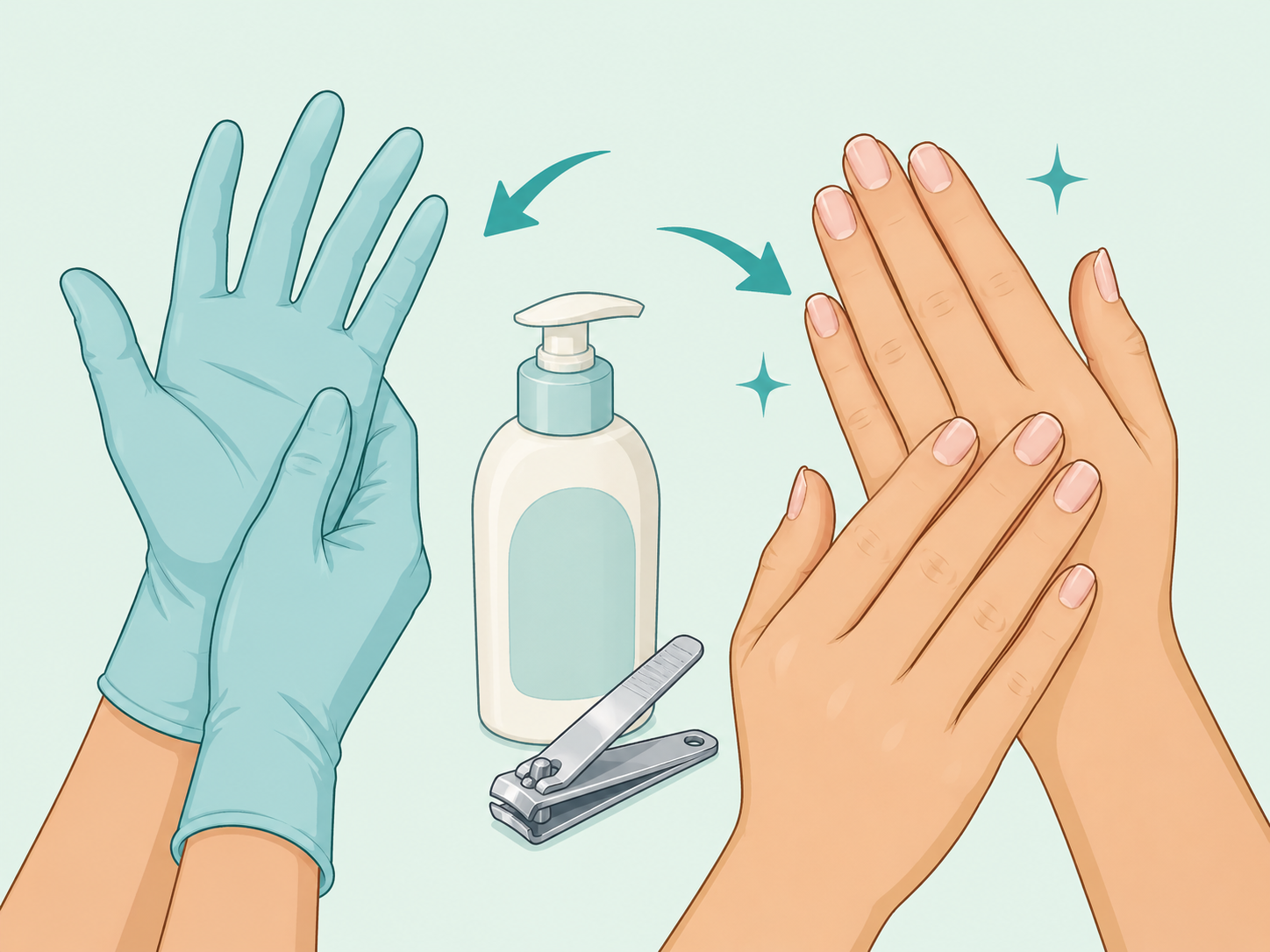 Hands protecting nails with gloves and gentle nail care supplies.