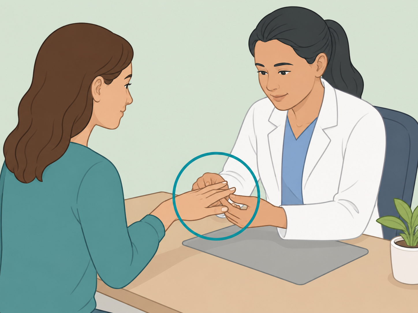 Patient showing fingernail changes to a healthcare professional.