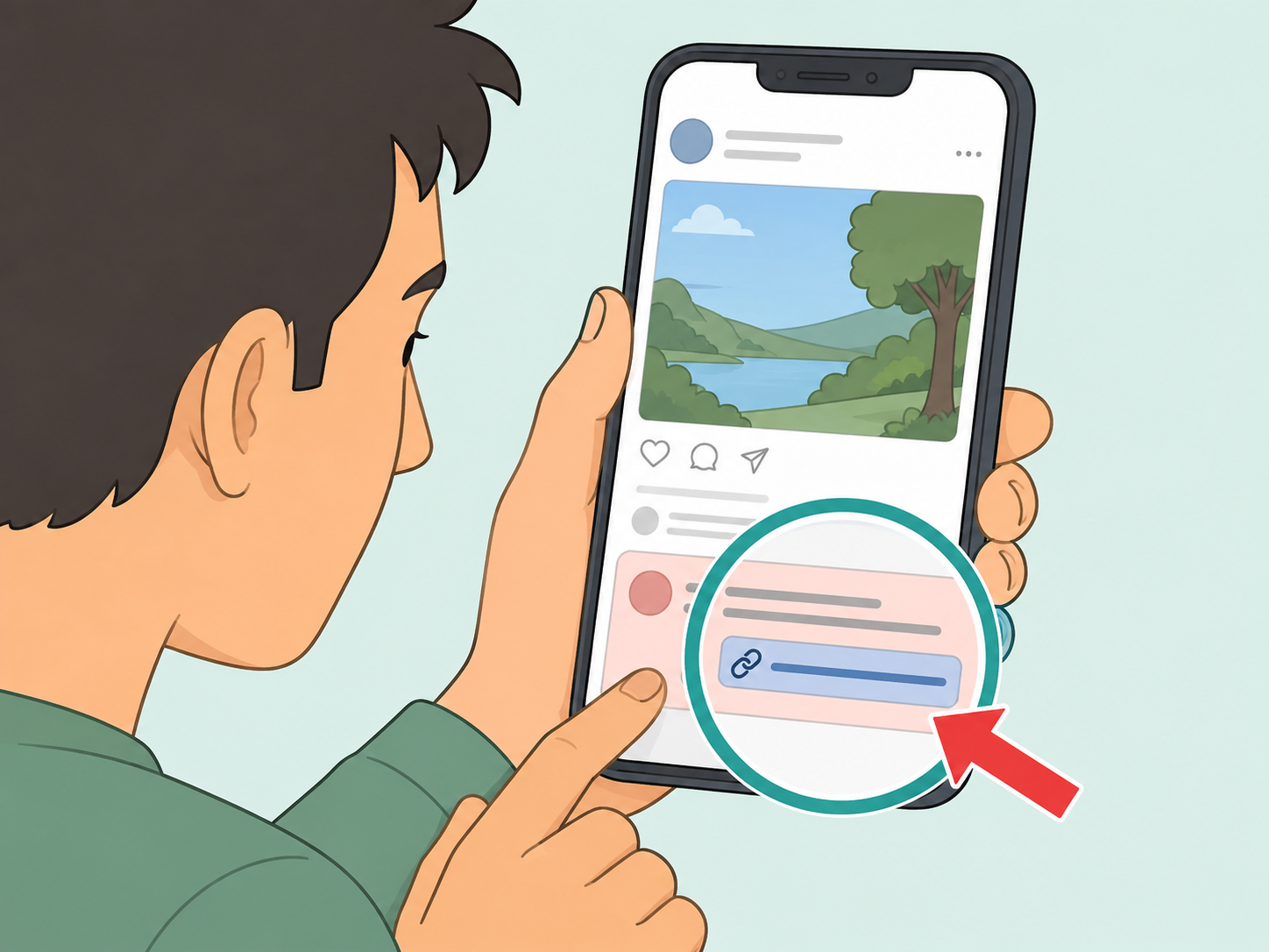 Illustration of a person checking a first-comment link on a social media post before clicking.