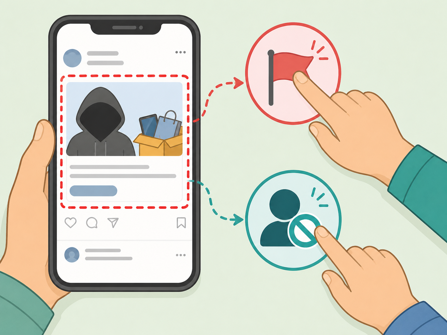 Reporting or hiding a suspicious first-comment social media post.