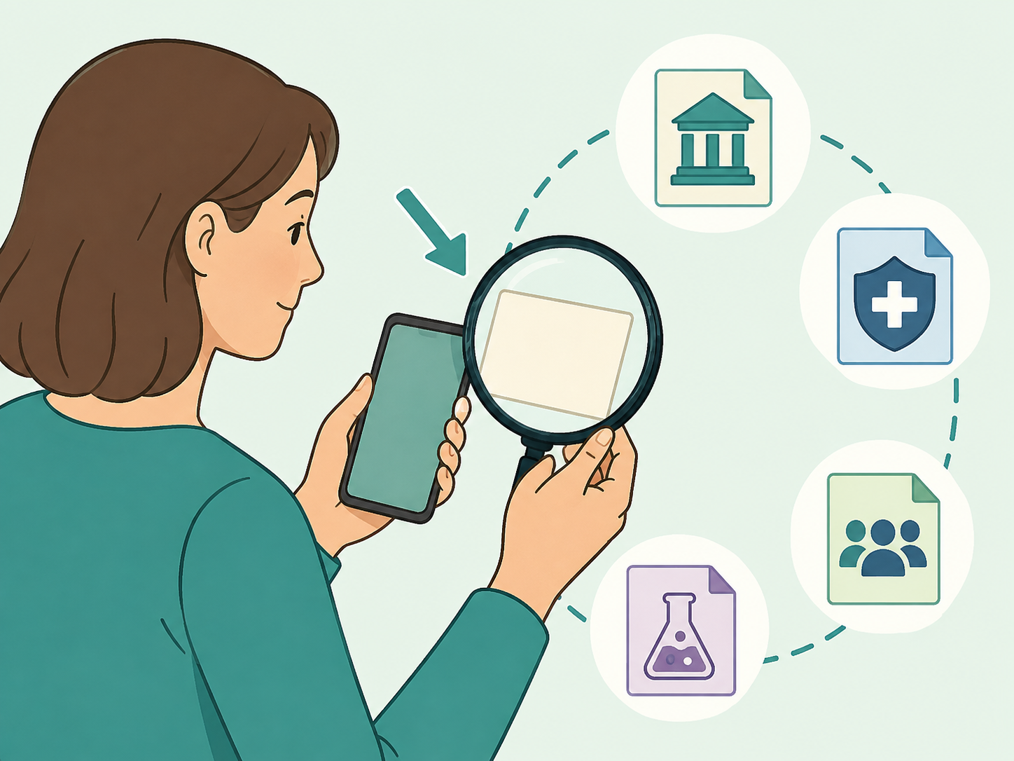 Person using a magnifying glass to check a health claim on a phone.