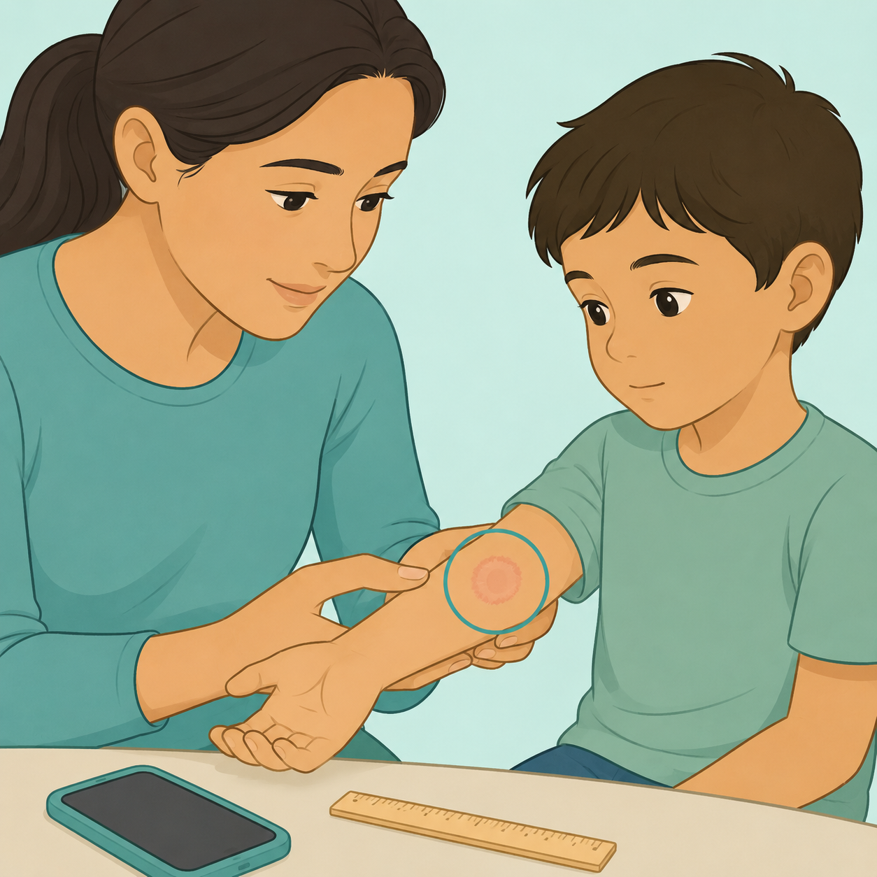 Parent calmly checking a ring-shaped rash on a child's forearm.