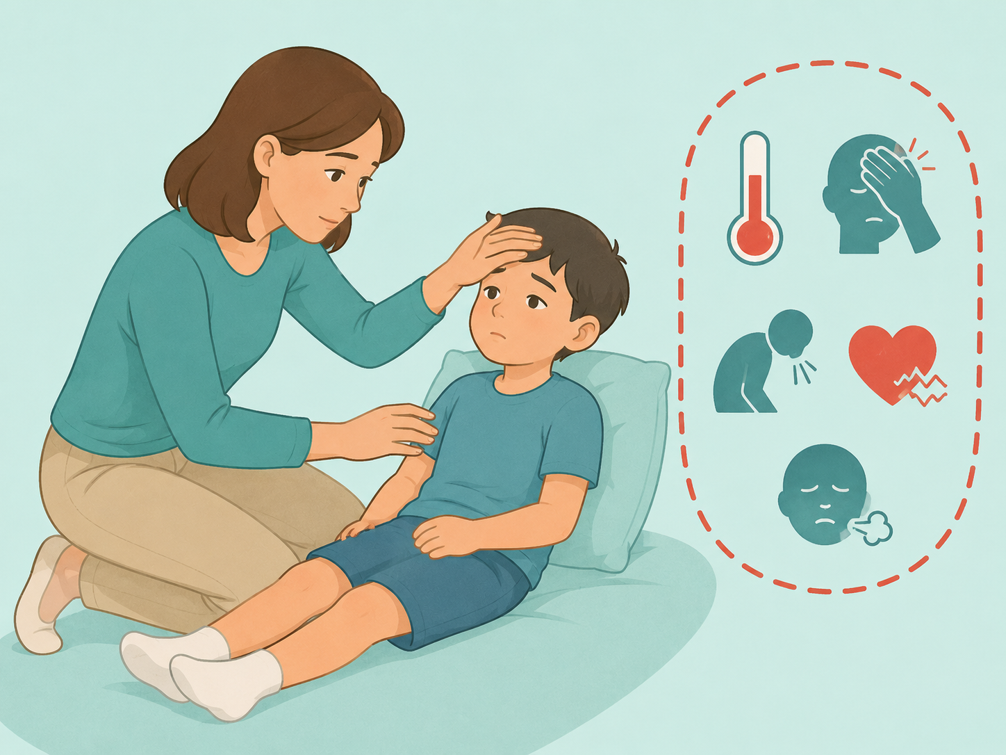 Parent checking how a child feels before looking closely at a rash.