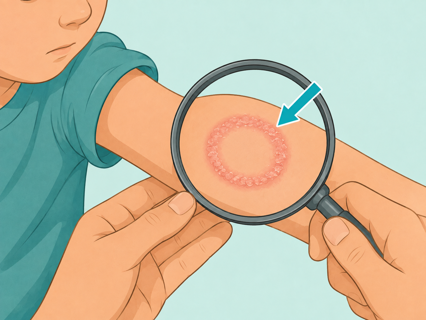 Parent looking closely at the edge and texture of a ring-shaped rash.