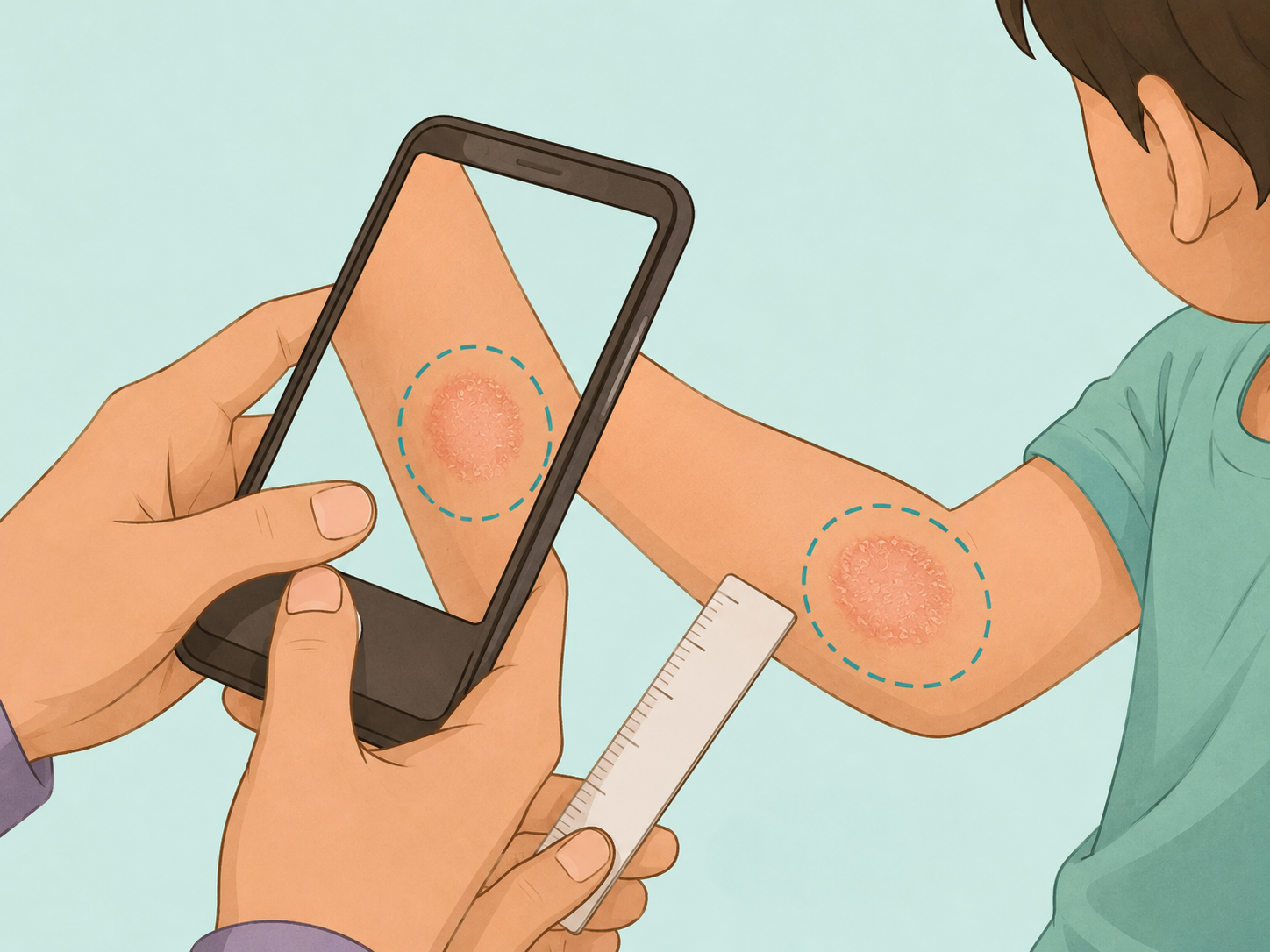 Parent photographing and measuring a child's ring-shaped rash.