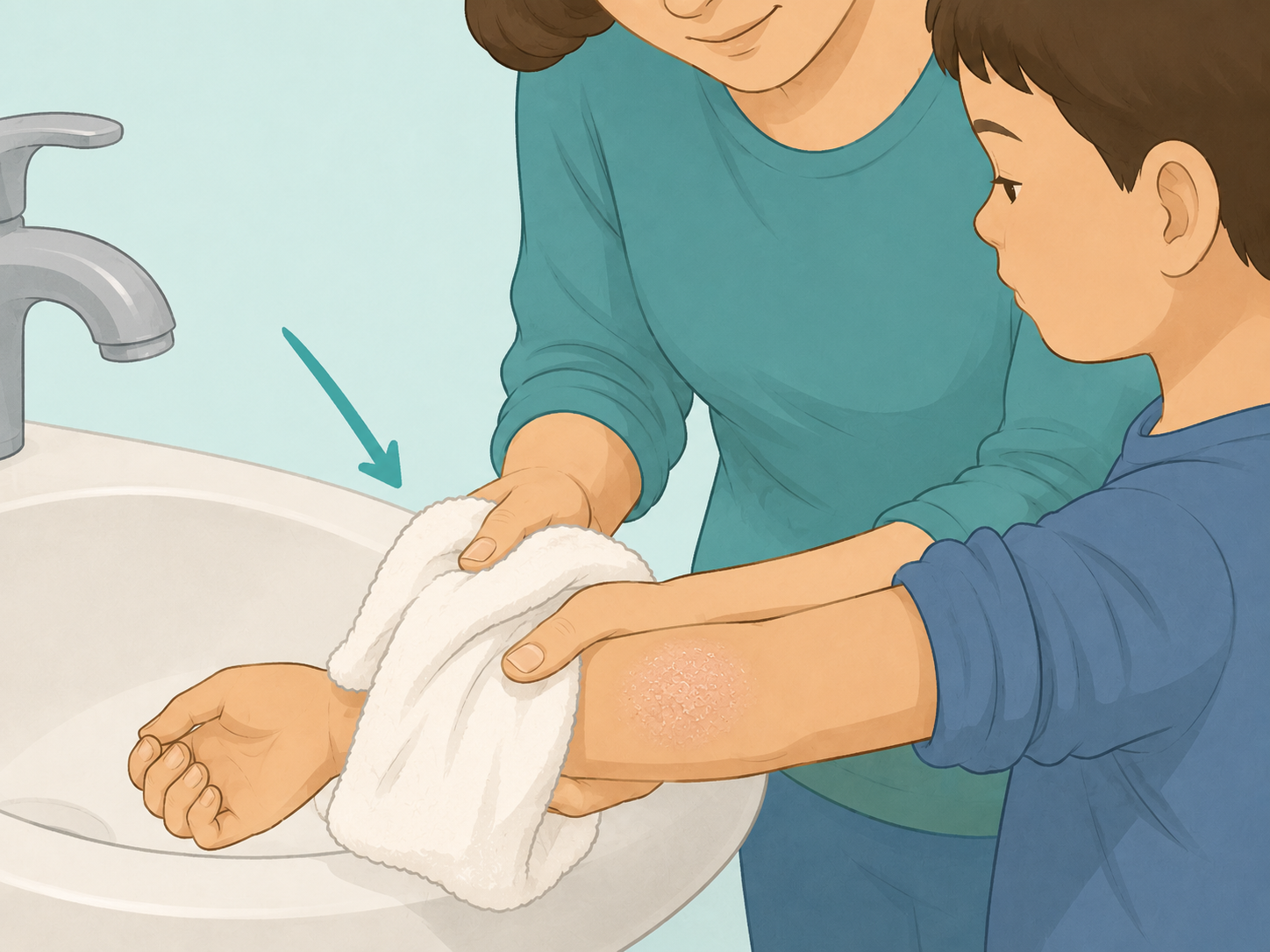 Parent gently cleaning and drying the skin around a child's rash.