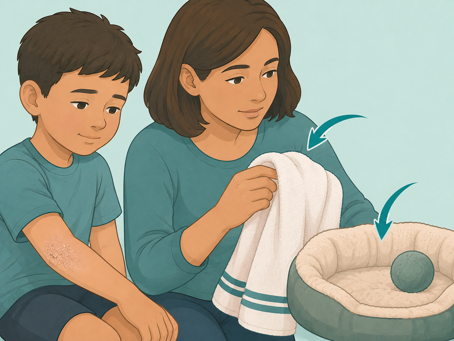 Parent checking pets and shared items after a possible ringworm rash.
