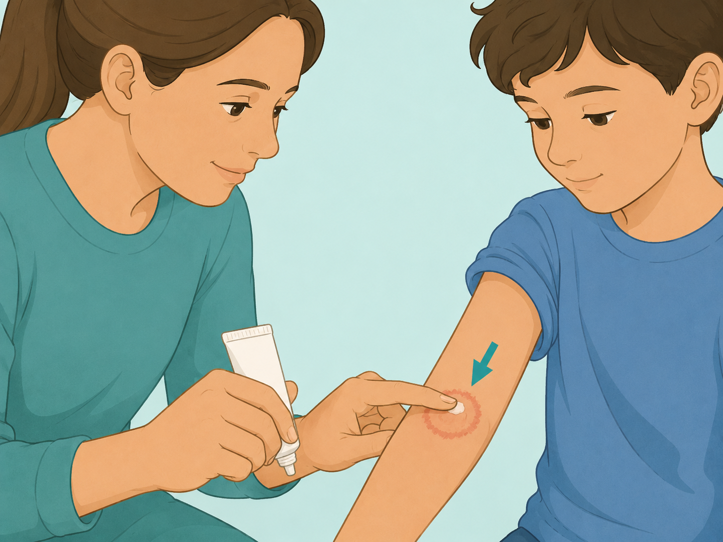 Parent carefully applying antifungal cream to a child's suspected ringworm rash.