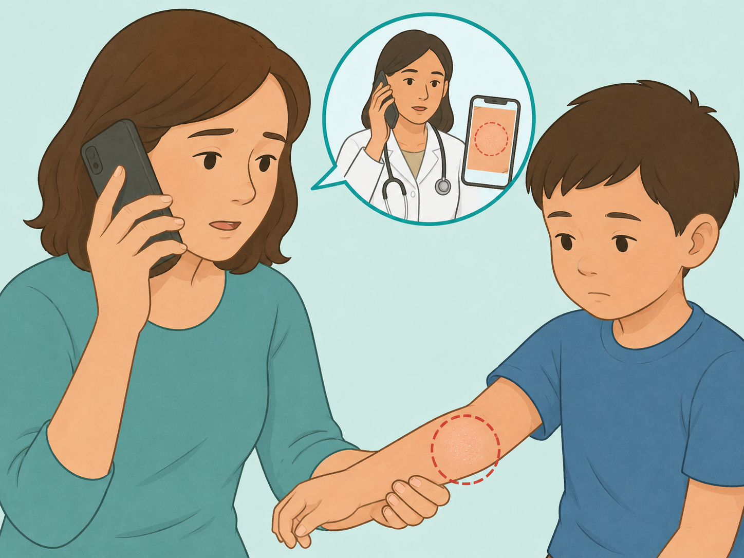 Parent calling a doctor about a child's changing ring-shaped rash.