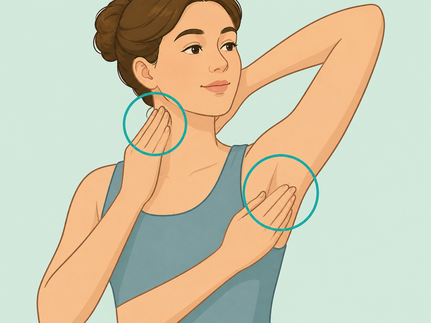 Person gently checking the neck and underarm for swelling.