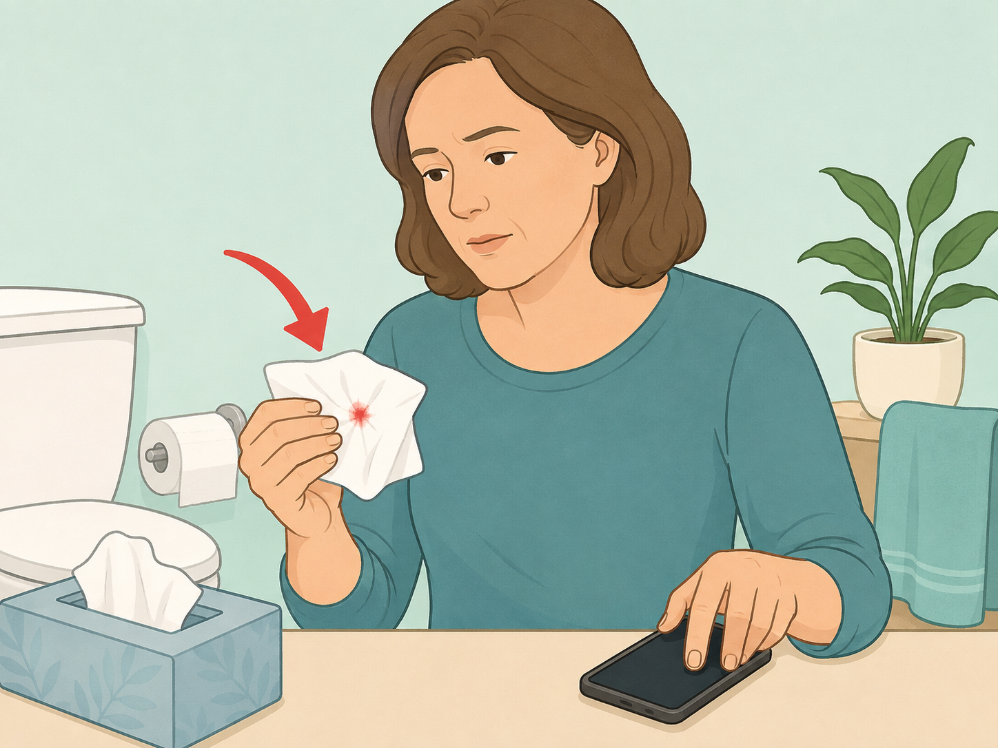 Person noticing unexplained bleeding and preparing to call a doctor.
