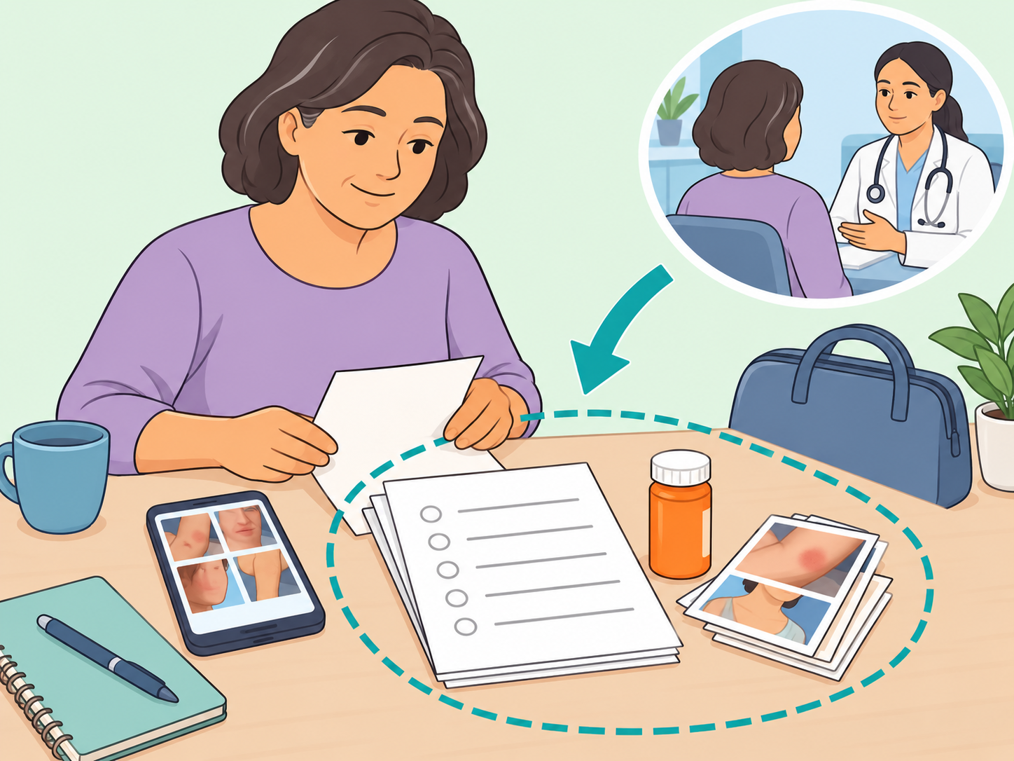 Person preparing symptom notes before a doctor appointment.