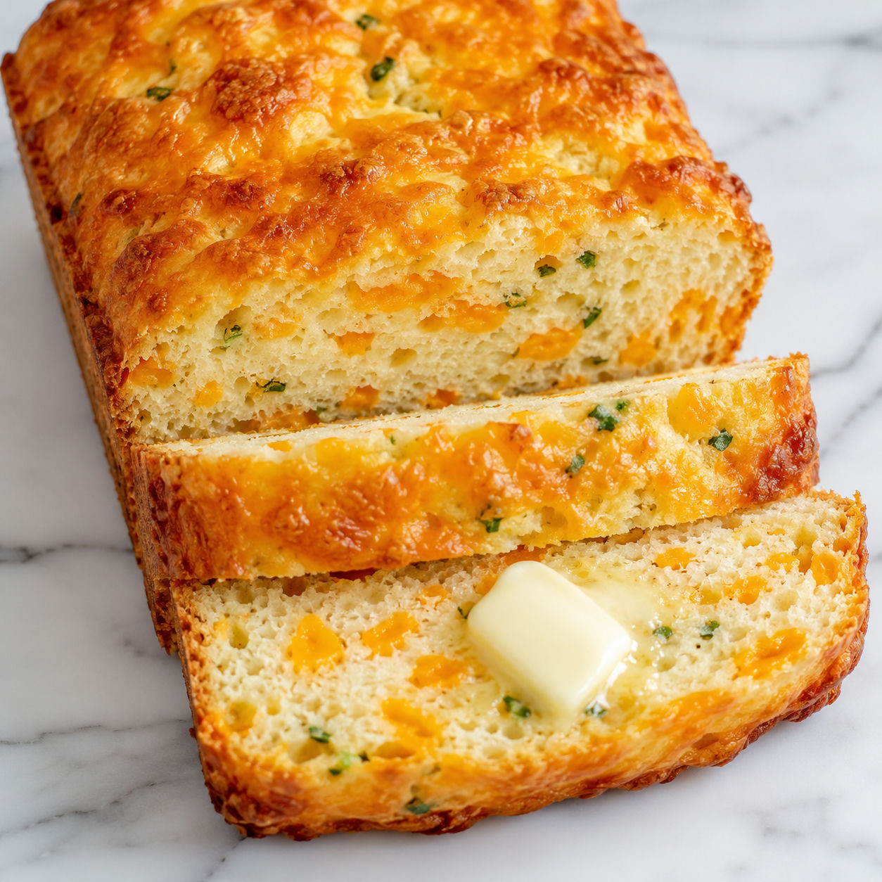 Sliced cheddar cheese bread loaf with melted butter and chives