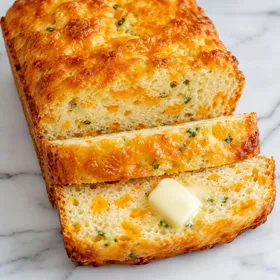 Sliced cheddar cheese bread loaf with melted butter and chives