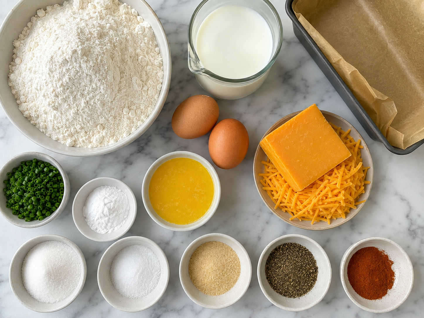 Ingredients for cheddar cheese bread loaf with shredded cheddar and chives