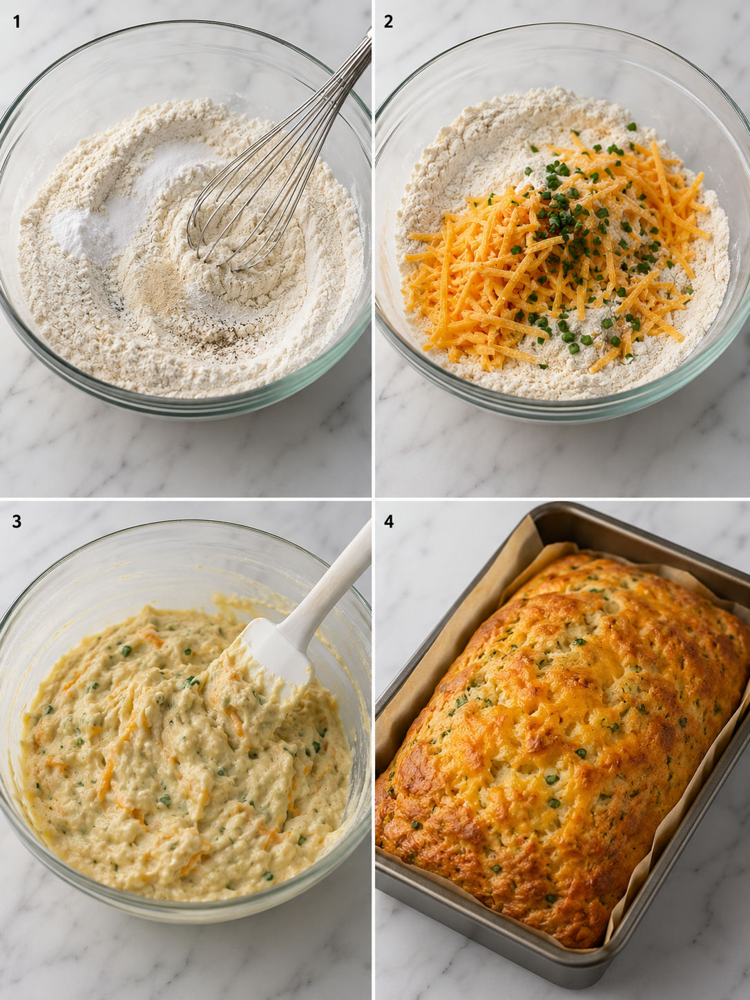 Four steps for mixing and baking cheddar cheese bread loaf