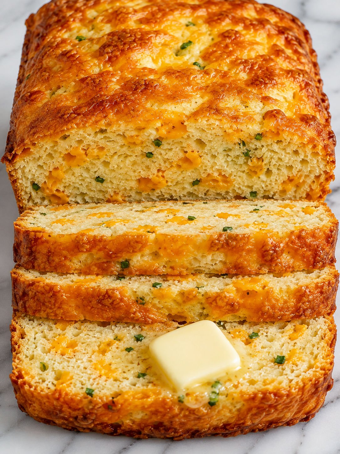 Warm sliced cheddar cheese bread loaf with golden crust and butter
