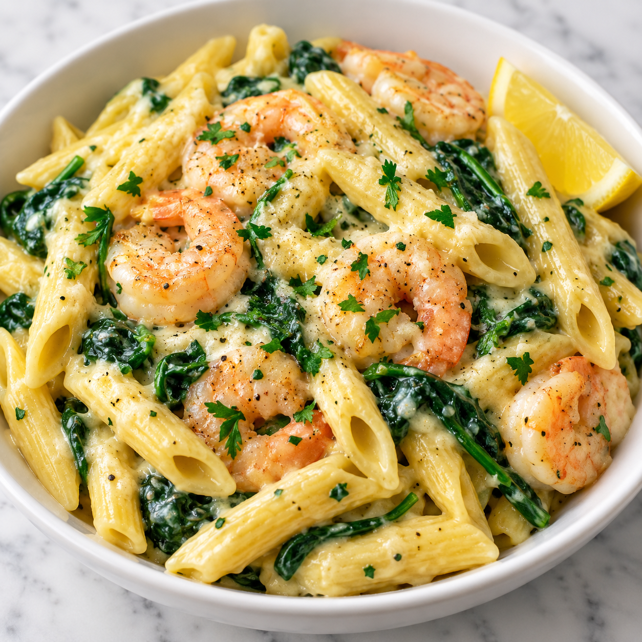 Cheese shrimp penne pasta with spinach, parsley, and lemon in a white bowl