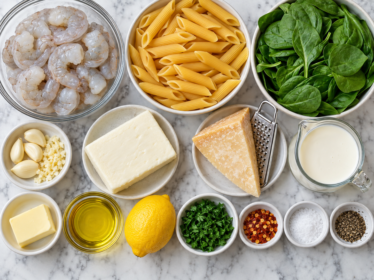 Raw shrimp, penne, spinach, cheese, cream, garlic, lemon, and parsley